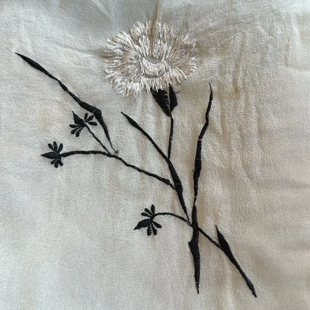 Vintage 60s Ben Goodman black & white‎ silk scarf with embroidered flowers